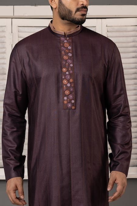 Shop_Minikin_Wine Silk, Viscose Embroidery Mirror Placket Kurta Set _Online_at_Aza_Fashions