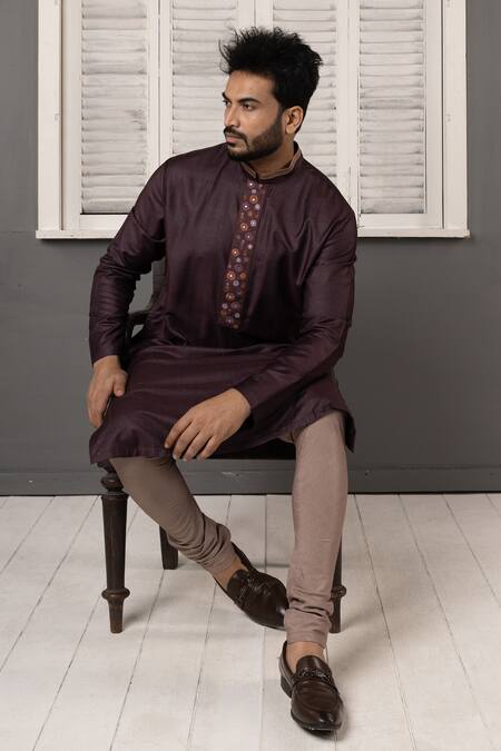 Minikin_Wine Silk, Viscose Embroidery Mirror Placket Kurta Set _at_Aza_Fashions