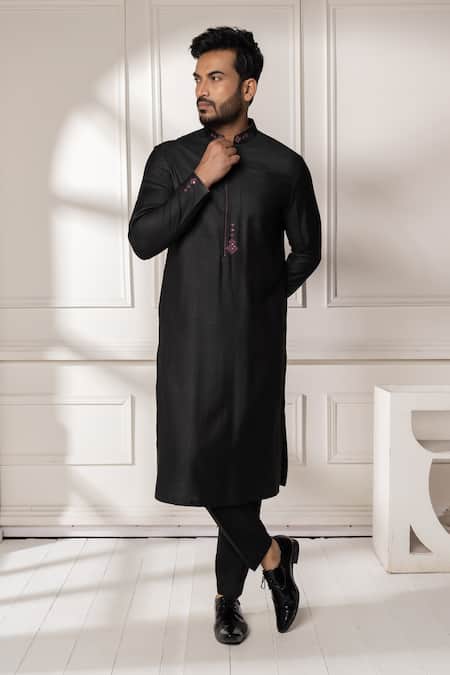 Minikin Black Silk, Viscose Embroidery Placement Kurta Set 