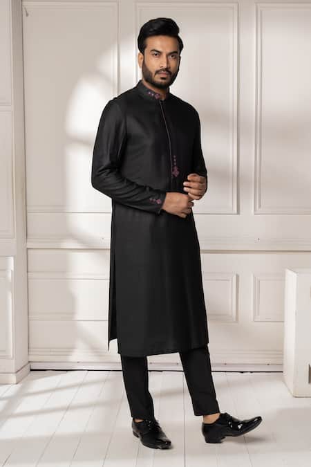 Minikin_Black Silk, Viscose Embroidery Placement Kurta Set _Online_at_Aza_Fashions