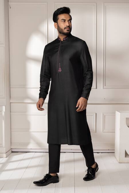 Buy_Minikin_Black Silk, Viscose Embroidery Placement Kurta Set _Online_at_Aza_Fashions