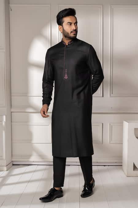 Shop_Minikin_Black Silk, Viscose Embroidery Placement Kurta Set _Online_at_Aza_Fashions