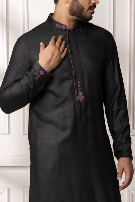 Minikin_Black Silk, Viscose Embroidery Placement Kurta Set _at_Aza_Fashions