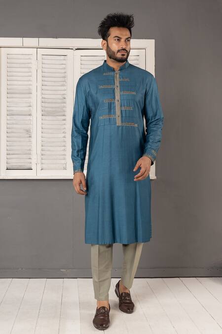 Minikin Blue Silk, Viscose Embroidery Geometric Kurta Set Online at Aza Fashions Minikin_Blue Silk, Viscose Embroidery Geometric Kurta Set _Online_at_Aza_Fashions