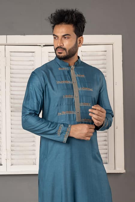 Shop Minikin Blue Silk, Viscose Embroidery Geometric Kurta Set Online at Aza Fashions Shop_Minikin_Blue Silk, Viscose Embroidery Geometric Kurta Set _Online_at_Aza_Fashions