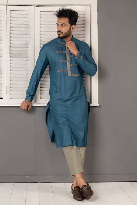 Minikin Blue Silk, Viscose Embroidery Geometric Kurta Set at Aza Fashions Minikin_Blue Silk, Viscose Embroidery Geometric Kurta Set _at_Aza_Fashions