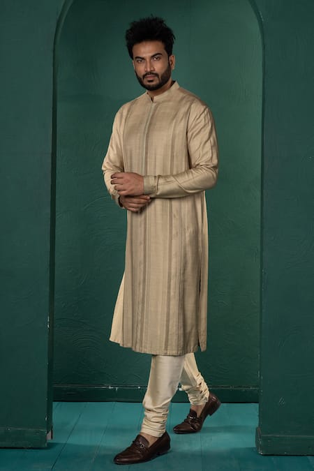 Shop_Minikin_Beige Silk, Viscose Pintuck Kurta Set _Online_at_Aza_Fashions