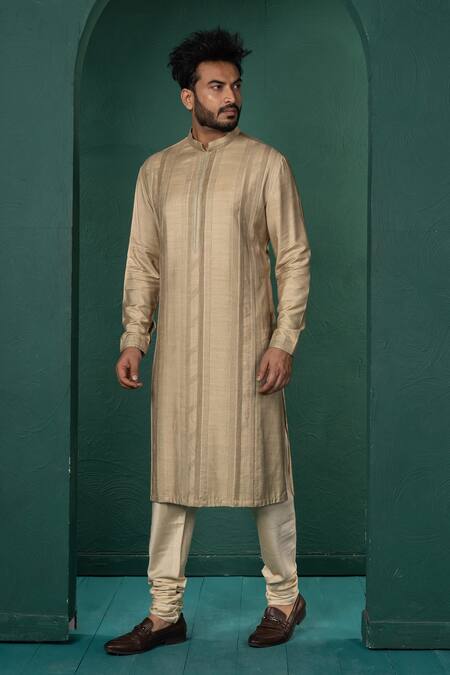 Minikin_Beige Silk, Viscose Pintuck Kurta Set _at_Aza_Fashions