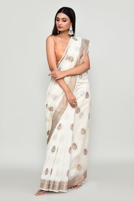 Shop_Naintara Bajaj_Off White Silk Zari Butti Woven Pattern Saree With Running Blouse _Online_at_Aza_Fashions
