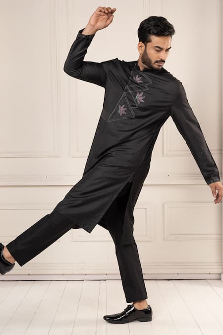 Shop_Minikin_Black Dupion, Silk, Viscose Embroidery Thread Kurta Set _Online_at_Aza_Fashions