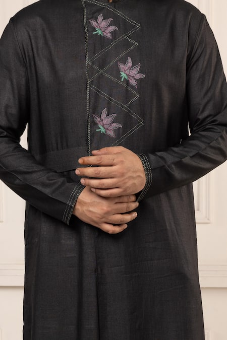 Minikin_Black Dupion, Silk, Viscose Embroidery Thread Kurta Set _at_Aza_Fashions