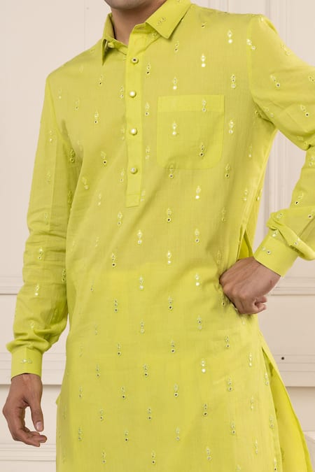 Shop_Minikin_Lime Cotton Mirrors Work Pathani Kurta Set 