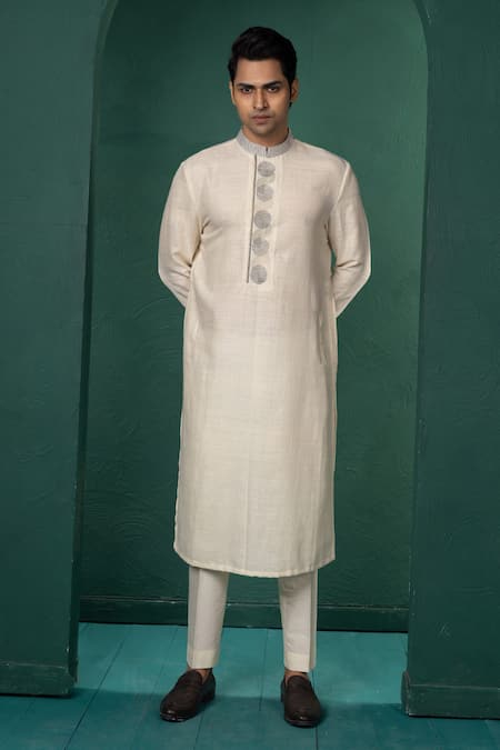 Shop_Minikin_Off White Silk Embroidery Hand Kurta Set _Online_at_Aza_Fashions