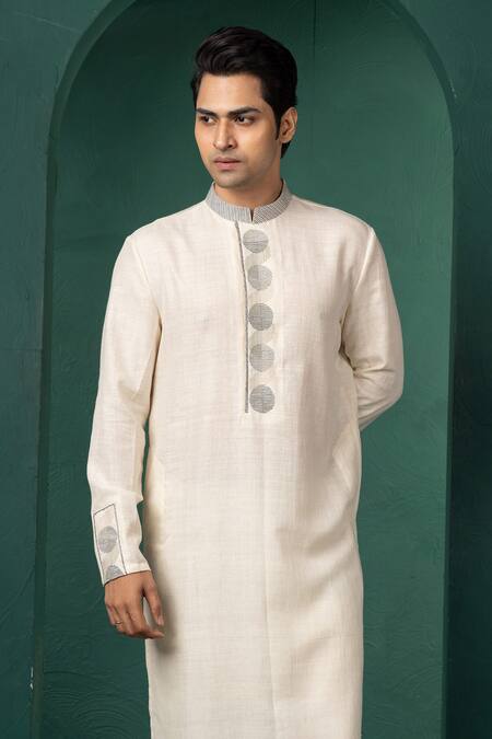 Minikin_Off White Silk Embroidery Hand Kurta Set _at_Aza_Fashions