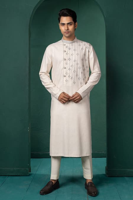 Minikin Off White Silk Embroidery Geometric Pattern Kurta Set 