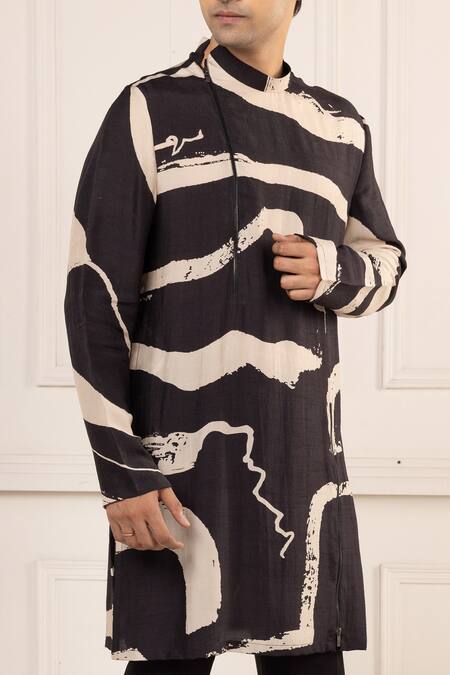 Buy_Minikin_Black Silk Printed Kurta Set _Online_at_Aza_Fashions