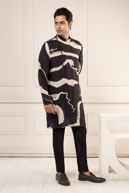 Shop_Minikin_Black Silk Printed Kurta Set _Online_at_Aza_Fashions
