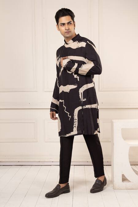 Minikin_Black Silk Printed Kurta Set _at_Aza_Fashions