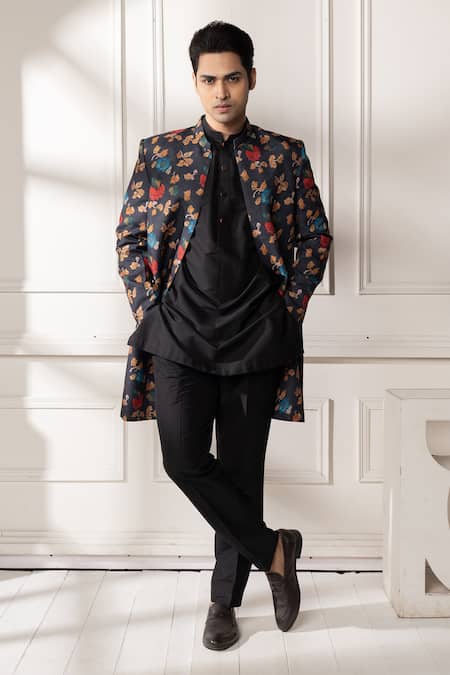 Minikin Black Silk, Viscose Printed Achkan Set