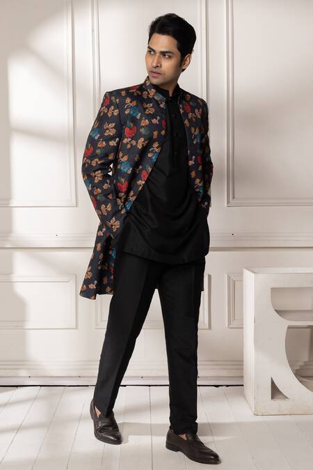 Buy_Minikin_Black Silk, Viscose Printed Achkan Set 