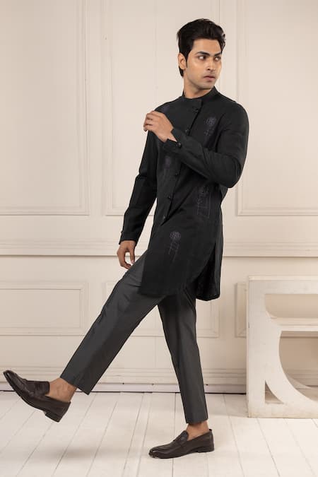 Shop_Minikin_Black Silk Embroidery Abstract Floral Pattern Kurta Set _Online_at_Aza_Fashions