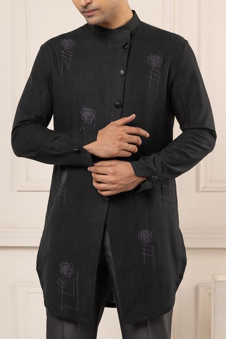 Minikin_Black Silk Embroidery Abstract Floral Pattern Kurta Set _at_Aza_Fashions
