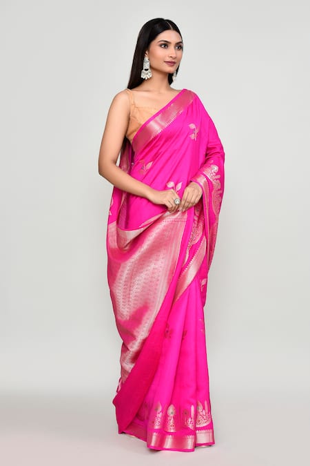 Shop_Naintara Bajaj_Pink Silk Zari, Embroidery Floral Woven Pattern Saree With Running Blouse _Online_at_Aza_Fashions