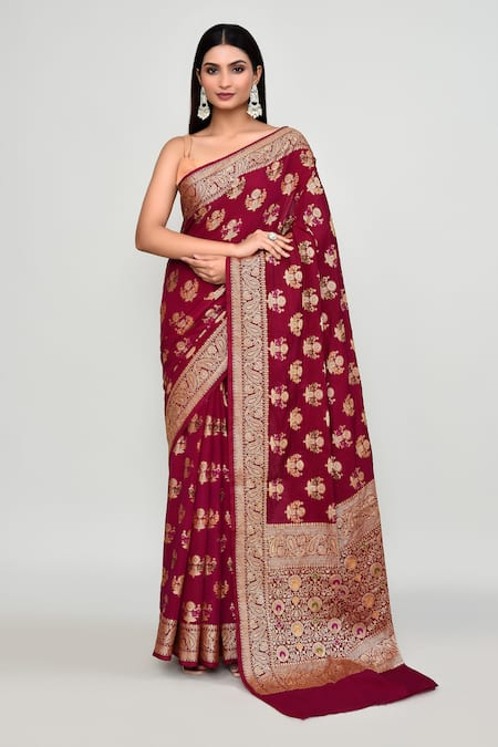 Samyukta Singhania Maroon Silk Zari, Embroidery Floral Woven Pattern Saree With Running Blouse 