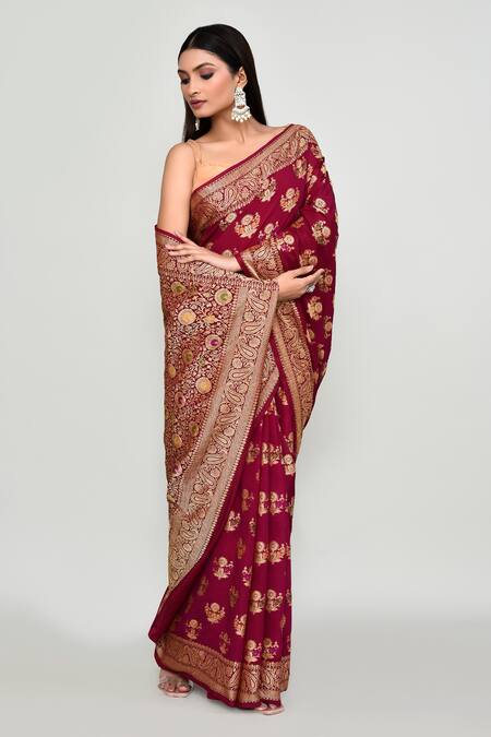 Shop_Naintara Bajaj_Maroon Silk Zari, Embroidery Floral Woven Pattern Saree With Running Blouse _Online_at_Aza_Fashions
