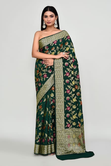 Samyukta Singhania Green Silk Zari, Embroidery Floral Woven Pattern Saree With Running Blouse 