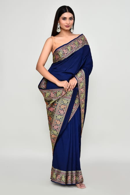Shop_Naintara Bajaj_Blue Silk Zari Floral Woven Pattern Saree With Running Blouse _Online_at_Aza_Fashions
