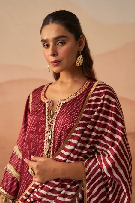 Rainas_Maroon Satin Sequins, Embroidery, Tassels Split Leheriya Bandhani Kurta Set _Online_at_Aza_Fashions