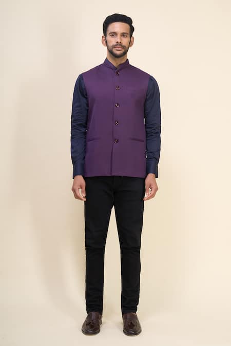Arihant Rai Sinha_Wine Polyester Solid Sleeveless Mandarin Nehru Jacket _Online_at_Aza_Fashions