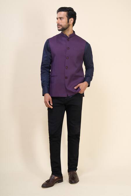 Buy_Arihant Rai Sinha_Wine Polyester Solid Sleeveless Mandarin Nehru Jacket _Online_at_Aza_Fashions