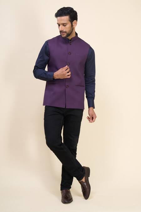 Shop_Arihant Rai Sinha_Wine Polyester Solid Sleeveless Mandarin Nehru Jacket _Online_at_Aza_Fashions