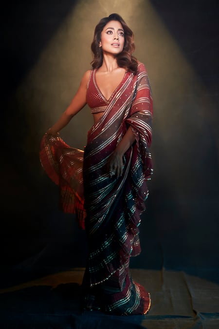 Vvani By Vani Vats Multi Color Georgette Sequins, Gota Pre-draped Embroidered Saree With Blouse 