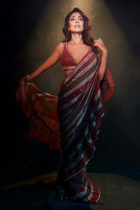 Shop_Vvani By Vani Vats_Multi Color Georgette Sequins, Gota Pre-draped Embroidered Saree With Blouse _Online_at_Aza_Fashions