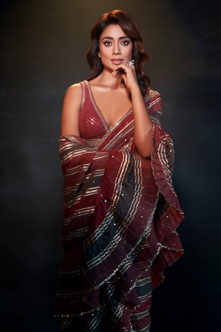 Vvani By Vani Vats_Multi Color Georgette Sequins, Gota Pre-draped Embroidered Saree With Blouse _at_Aza_Fashions