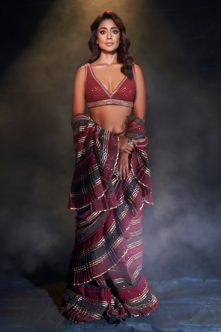 Buy_Vvani By Vani Vats_Multi Color Georgette Sequins, Gota Pre-draped Embroidered Saree With Blouse 