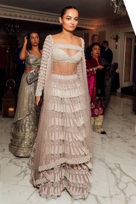 Shop Vvani By Vani Vats Pink Georgette, Net Embroidery, Pearls Chandelier Drop Work Bridal Lehenga Set Online at Aza Fashions Shop_Vvani By Vani Vats_Pink Georgette, Net Embroidery, Pearls Chandelier Drop Work Bridal Lehenga Set _Online_at_Aza_Fashions