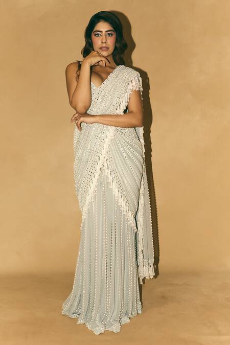 Shop_Vvani By Vani Vats_Grey Georgette Pearls, Embroidery, Chandelier Drop Pre-draped Saree With Blouse 