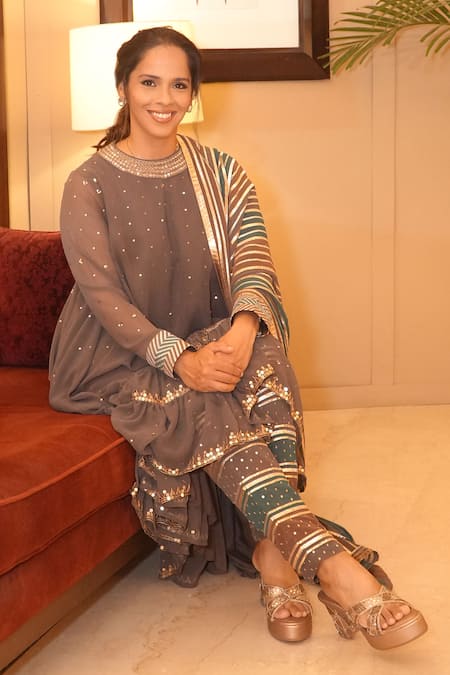 Shop Vvani By Vani Vats Multi Color Georgette, Silk Sequins, Gota Patti, Embroidery Round Kurta Pant Set Shop_Vvani By Vani Vats_Multi Color Georgette, Silk Sequins, Gota Patti, Embroidery Round Kurta Pant Set