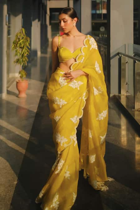 Buy_Vvani By Vani Vats_Green Organza, Satin, Lycra Applique, Embroidery Floral Hand Saree With Blouse 