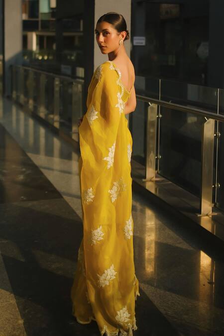 Shop_Vvani By Vani Vats_Green Organza, Satin, Lycra Applique, Embroidery Floral Hand Saree With Blouse 