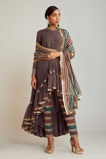 Shop Vvani By Vani Vats Purple Georgette, Silk Sequins, Gota Patti, Embroidery Charcoal Grey Kurta Set Online at Aza Fashions Shop_Vvani By Vani Vats_Purple Georgette, Silk Sequins, Gota Patti, Embroidery Charcoal Grey Kurta Set _Online_at_Aza_Fashions