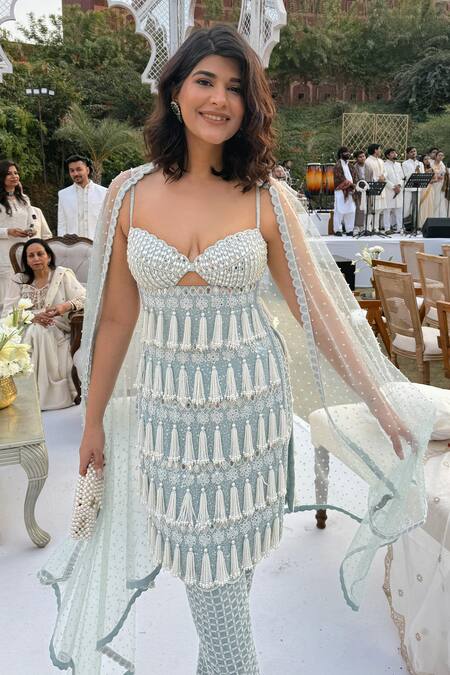 Vvani By Vani Vats Blue Georgette, Net Tassels, Pearls, Embroidery Chandelier Drop Kurta Pant Set at Aza Fashions Vvani By Vani Vats_Blue Georgette, Net Tassels, Pearls, Embroidery Chandelier Drop Kurta Pant Set _at_Aza_Fashions