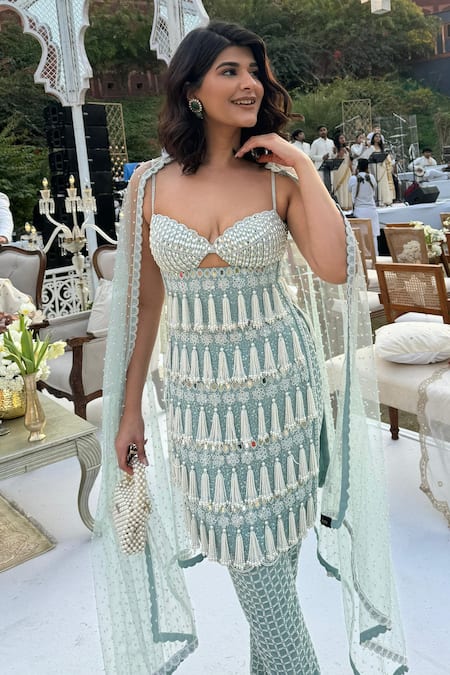 Buy Vvani By Vani Vats Blue Georgette, Net Tassels, Pearls, Embroidery Chandelier Drop Kurta Pant Set Buy_Vvani By Vani Vats_Blue Georgette, Net Tassels, Pearls, Embroidery Chandelier Drop Kurta Pant Set