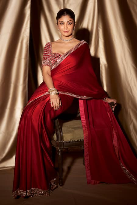 Shop_Vvani By Vani Vats_Red Satin, Georgette Mirrors, Cut Sheesha Border Embroidered Saree With Blouse 