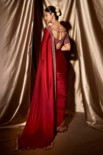 Shop_Vvani by vani vats_Red Satin, Georgette Mirrors, Cut Sheesha Border Embroidered Saree With Blouse 
