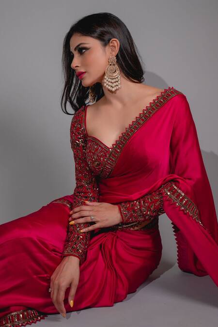 Buy_Vvani By Vani Vats_Red Blouse Velvet Saree Satin Sweetheart Neck Embroidered And 